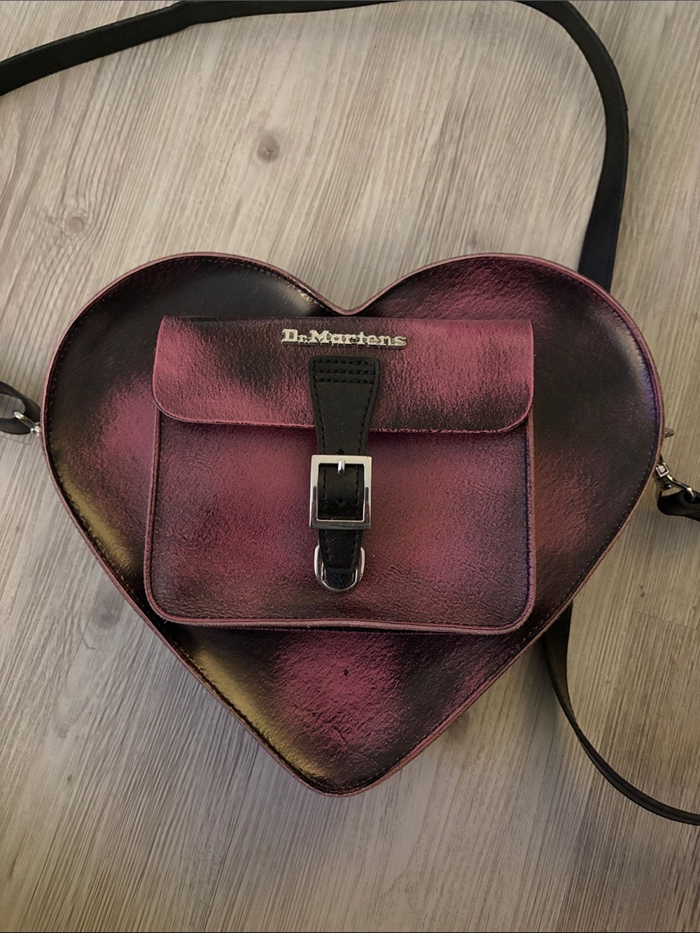 NWOT Dr. Martens Metallic Pink and Black Heart-Shaped Crossbody and Backpack